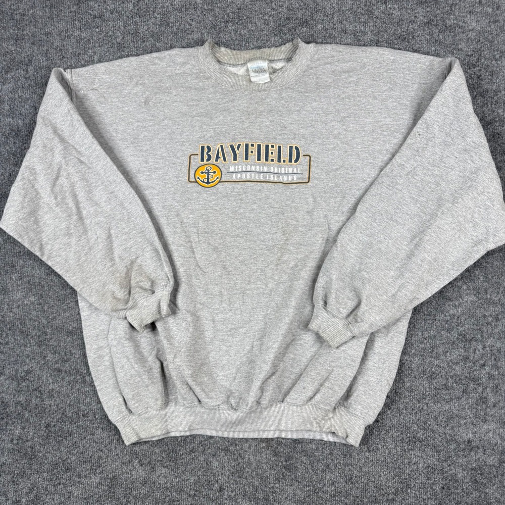Gildan Sweatshirt Mens Size XL Gray Bayfield Wisconsin Apostle Islands Stains